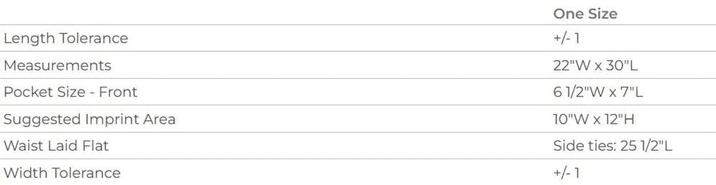 a table with various measurements and descriptions for a single size, including length tolerance, measurements, pocket size, suggested impprint area, width, and side ties.