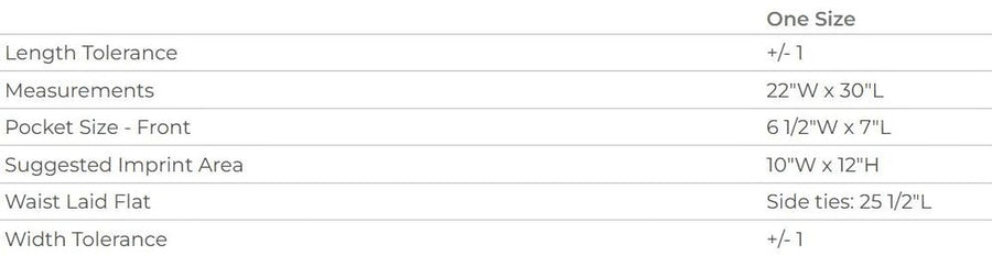 a table with various measurements and descriptions for a single size, including length tolerance, measurements, pocket size, suggested impprint area, width, and side ties.