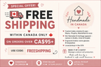 The image is a promotional advertisement for a company that offers free shipping on orders over $95 or more. It features a red and white color scheme with a red truck and a red heart symbol. The ad highlights the company's commitment to handcrafted products and offers a special offer for customers to ship their purchases within Canada. The ad also mentions that the company ships custom baby onesies and caps, as well as other apparel items, and provides a free shipping code for customers to use.