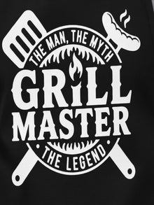 a graphic design with the text "The man, the myth, the legend, the legend, the legend" in a circular shape, surrounded by a stylized illustration of a grill and a hot dog.