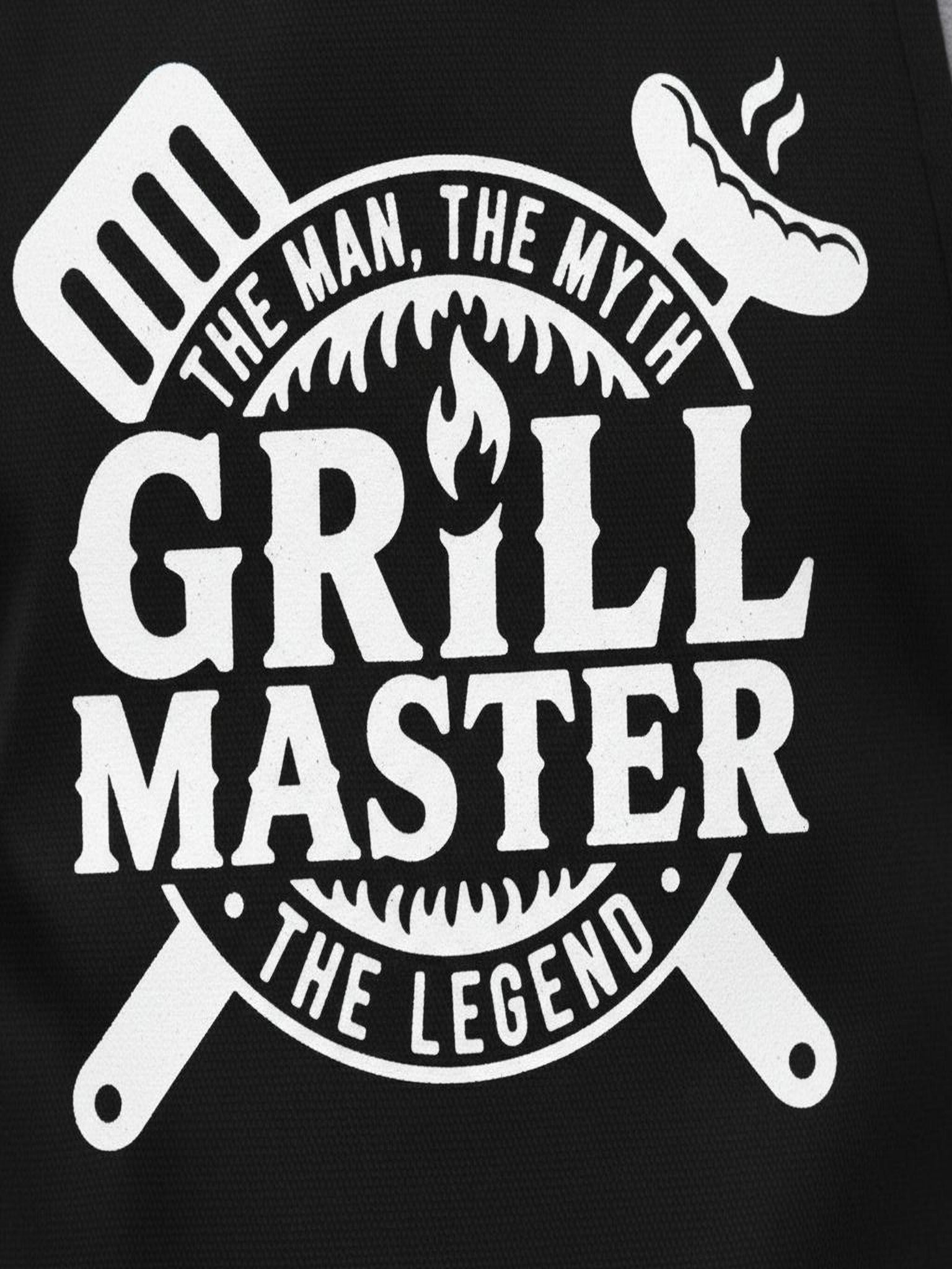 a graphic design with the text "The man, the myth, the legend, the legend, the legend" in a circular shape, surrounded by a stylized illustration of a grill and a hot dog.