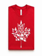 Canadian Wilderness Maple Leaf graphic t-shirt featuring iconic Canadian wildlife, camping, paddling, hockey, and outdoor adventure symbols arranged inside a maple leaf design.