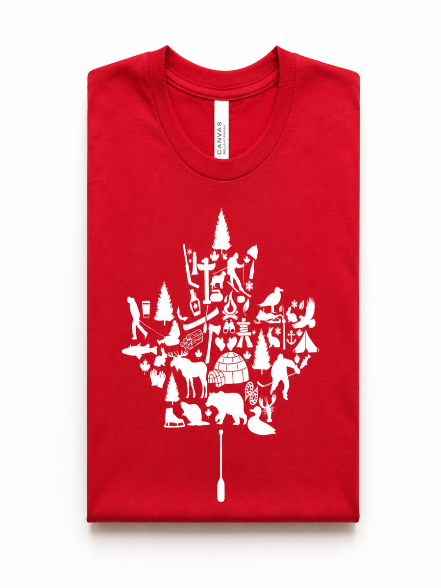 Canadian Wilderness Maple Leaf graphic t-shirt featuring iconic Canadian wildlife, camping, paddling, hockey, and outdoor adventure symbols arranged inside a maple leaf design.