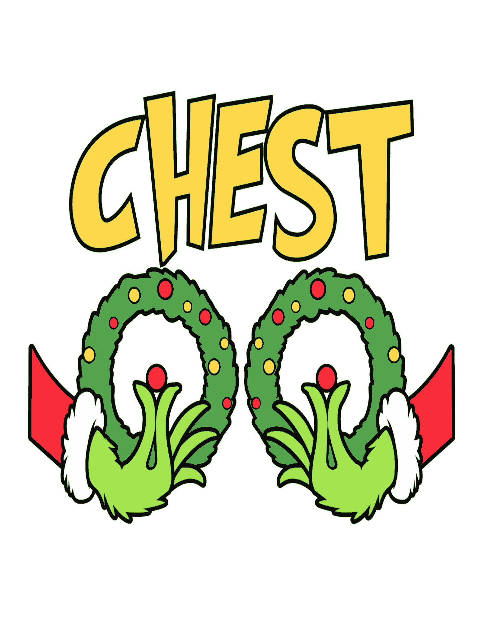 Two green wreaths with red ribbons and white trim, with the word 'CHEST' above them on a white background.