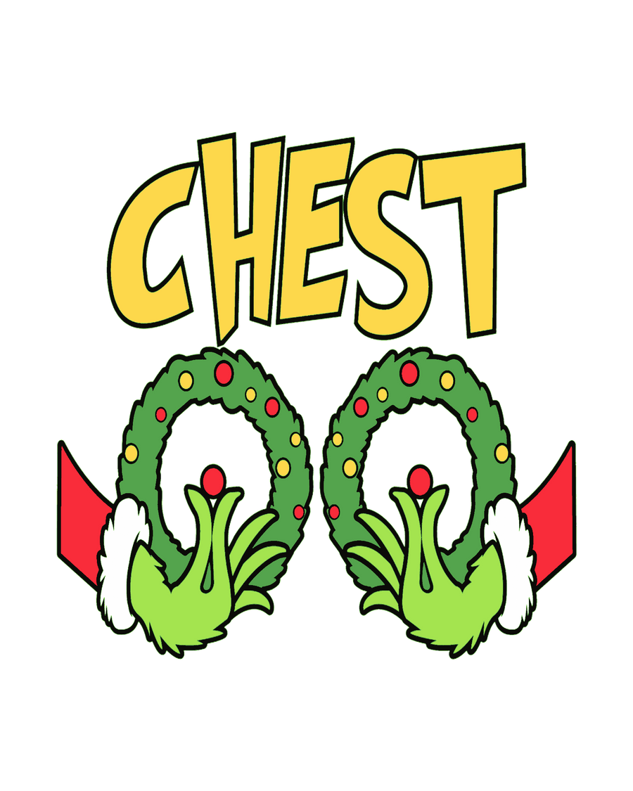 CHEST two wreaths held by Grinch hands graphic illustration for custom sweatshirt embroidery