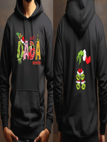 A black hoodie with a colorful design featuring the text "PADA" and various holiday-themed graphics, including a Christmas tree, Santa Claus, and other festive elements.
