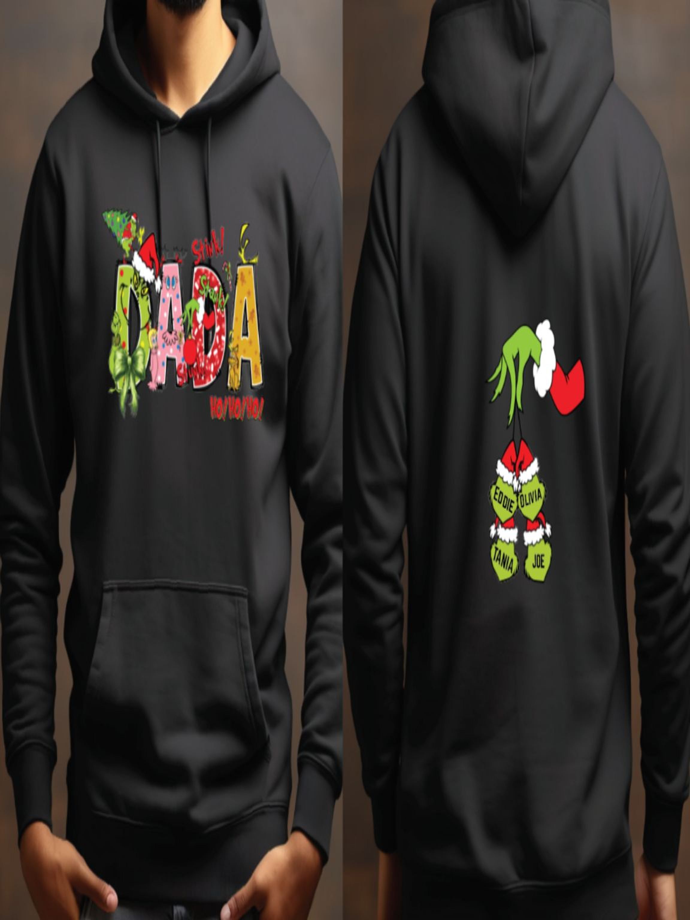 A black hoodie with a colorful design featuring the text "PADA" and various holiday-themed graphics, including a Christmas tree, Santa Claus, and other festive elements.