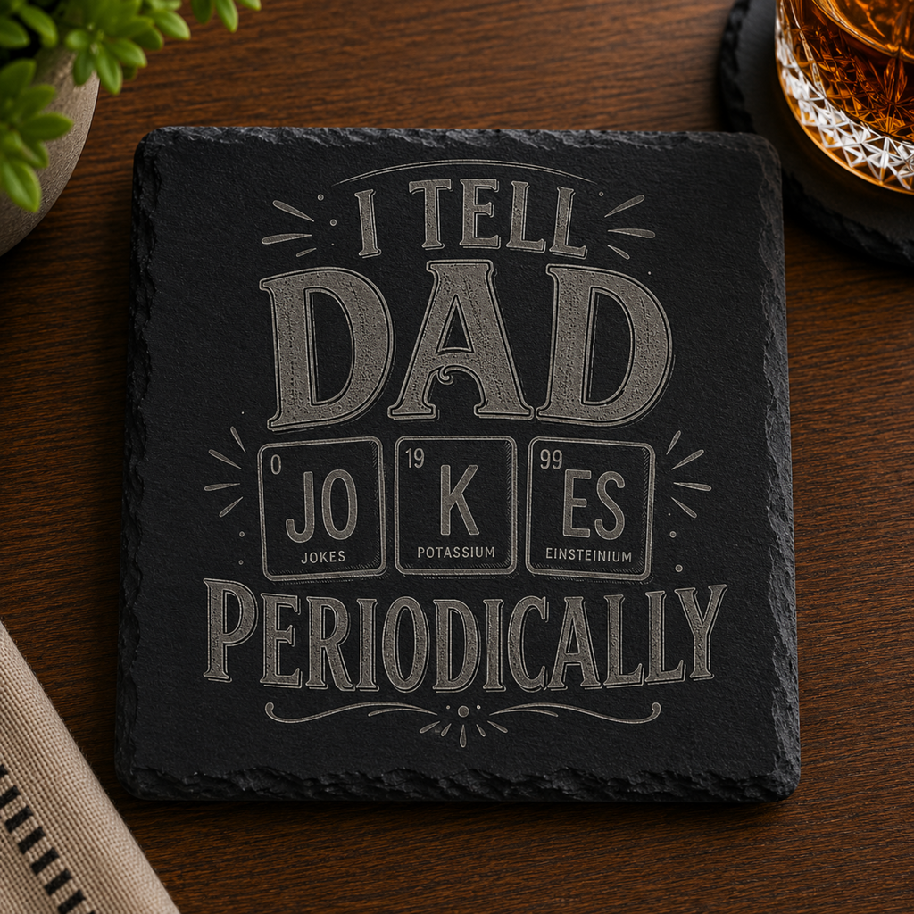 Engraved black slate coaster featuring the phrase "I Tell Dad Jokes Periodically" with a periodic table-inspired design, displayed on a wooden table beside a whiskey glass.