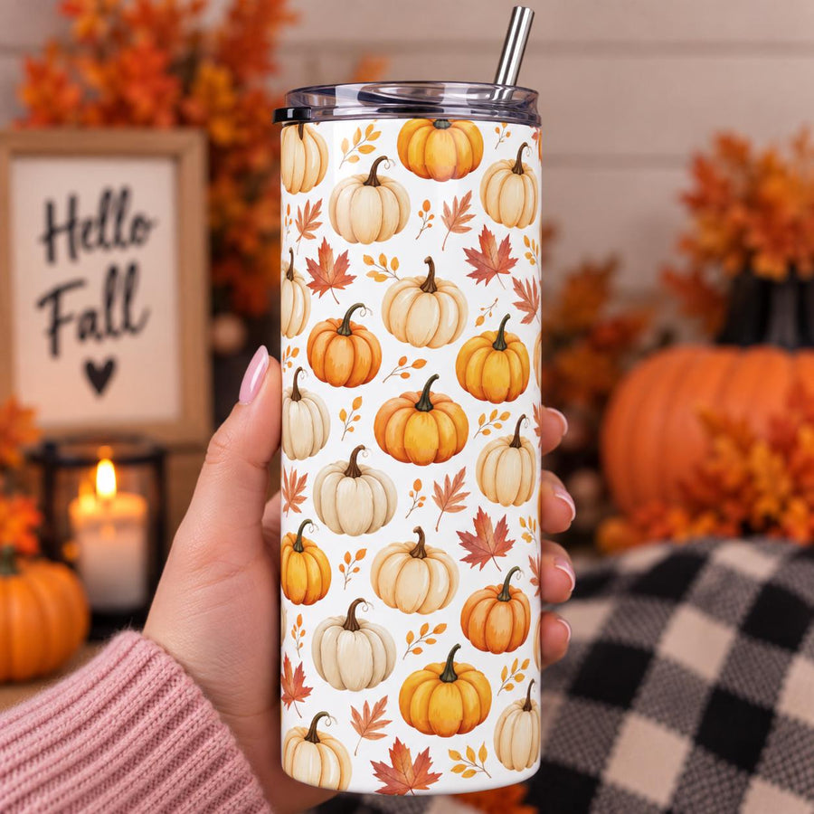 Fall Pumpkin 20oz Tumbler – hand holding pumpkin print 20 oz tumbler