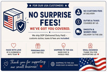 The image is a promotional graphic for a company that ships DDP (Delivered Duty Paid) to USA customers. It features a shield with an American flag, a heart symbol, and icons representing various benefits such as no surprise fees, no customs fees, and a smooth and worry-free delivery. The image also includes a message expressing gratitude for supporting small businesses.