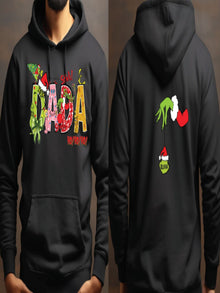A black hoodie with a colorful design featuring the word "Dada" and various holiday-themed graphics, including a Grinch wearing a Santa hat.