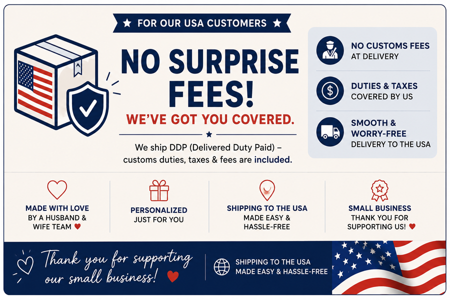 The image is a promotional graphic for a company that ships DDP (Delivered Duty Paid) to USA customers. It features a shield with an American flag, a heart symbol, and icons representing various benefits such as no surprise fees, no customs fees, and a smooth and worry-free delivery. The image also includes a message expressing gratitude for supporting small businesses.