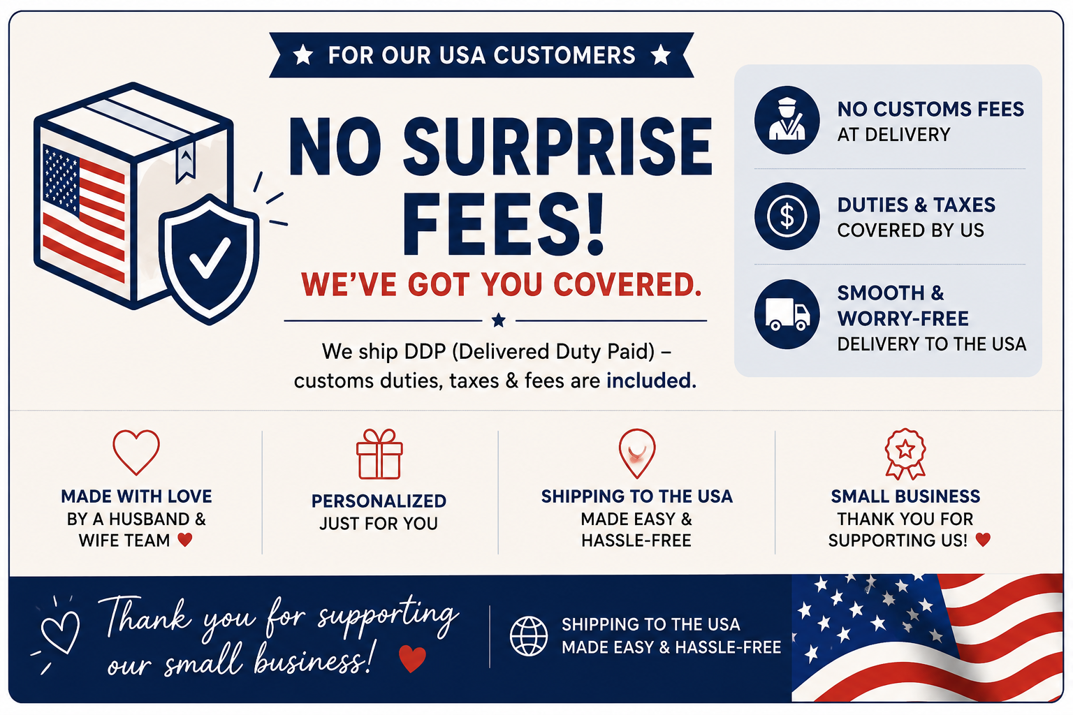 The image is a promotional graphic for a company that ships DDP (Delivered Duty Paid) to USA customers. It features a shield with an American flag, a heart symbol, and icons representing various benefits such as no surprise fees, no customs fees, and a smooth and worry-free delivery. The image also includes a message expressing gratitude for supporting small businesses.
