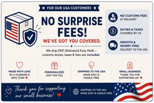 The image is a promotional graphic for a company that ships DDP (Delivered Duty Paid) to USA customers. It features a shield with an American flag, a heart symbol, and icons representing various benefits such as no surprise fees, no customs fees, and a smooth and worry-free delivery. The image also includes a message expressing gratitude for supporting small businesses.