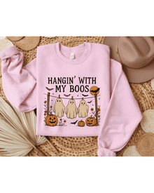 Pink crewneck sweatshirt flat lay with 'Hangin With My Boos' Halloween ghost print design