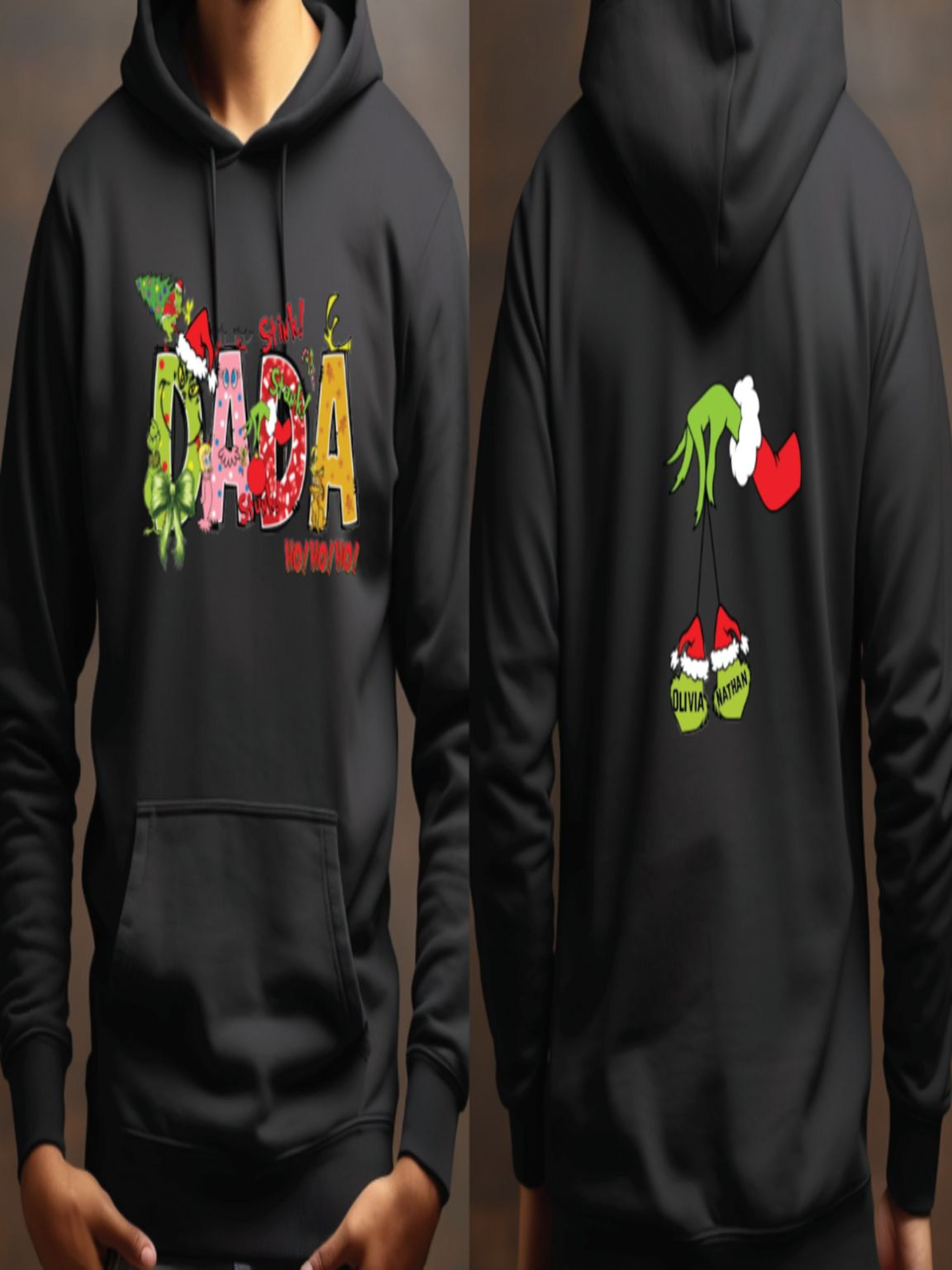 A black hoodie with a colorful graphic design featuring the text "Dada" and a hand holding a pair of shoes.