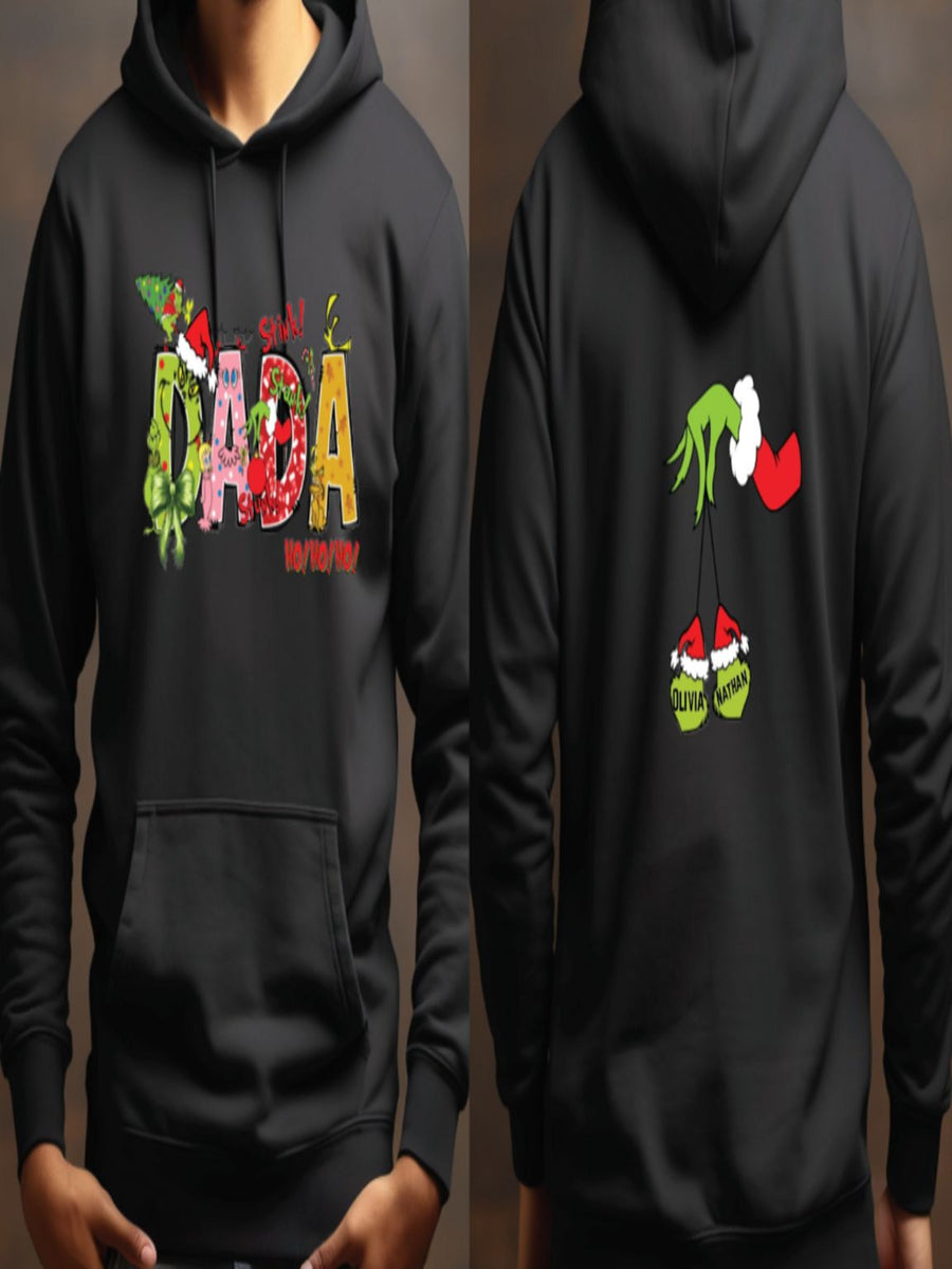 A black hoodie with a colorful graphic design featuring the text "Dada" and a hand holding a pair of shoes.