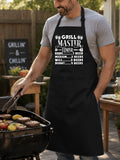 Grill Master Timer apron with funny beer and BBQ graphic design worn by man grilling burgers outdoors.