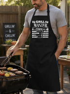 Grill Master Timer apron with funny beer and BBQ graphic design worn by man grilling burgers outdoors.