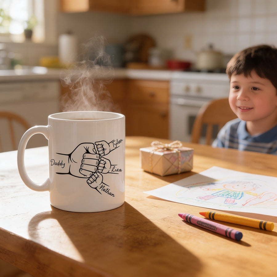 A young boy is sitting at a kitchen table, smiling and looking at a drawing on a piece of paper. There is a mug with a design on it, and a gift box on the table.