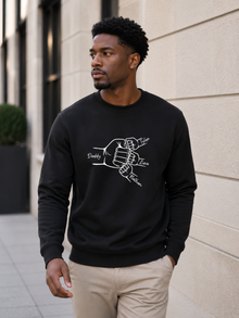 personalized dad sweatshirt featuring custom family fist bump outline artwork with children’s names worn by male model outdoors.