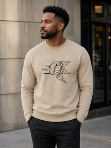 personalized dad sweatshirt featuring custom family fist bump outline artwork with children’s names worn by male model outdoors.