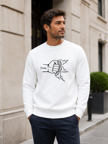 personalized dad sweatshirt featuring custom family fist bump outline artwork with children’s names worn by male model outdoors.