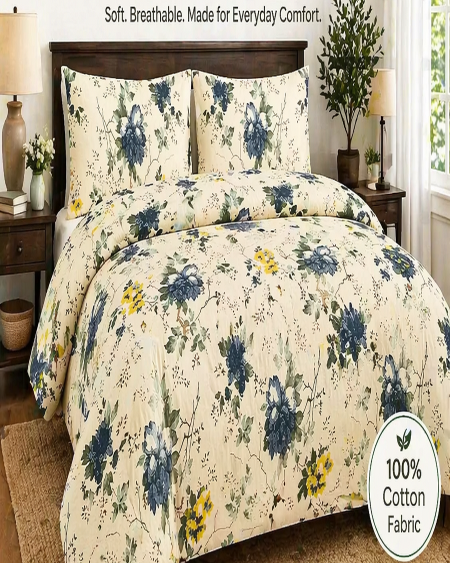 Ivory Garden Floral Bedding Set, Soft 100% Cotton Elegant Bedsheets — view 2