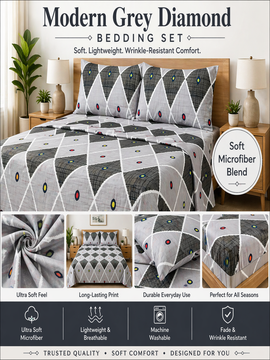 Coral Diamond Microfiber Bedding Set, Soft Printed Sheets