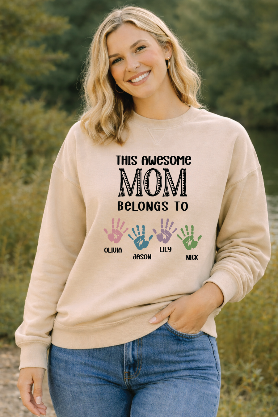 Custom Mom with Kids Names & Handprints Graphic, Hoodie, Sweat, T-shirt — view 3