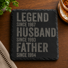 Personalized engraved black slate coaster featuring Legend Husband Father design with customizable milestone years, Father's Day gift for dad, husband, and grandpa.