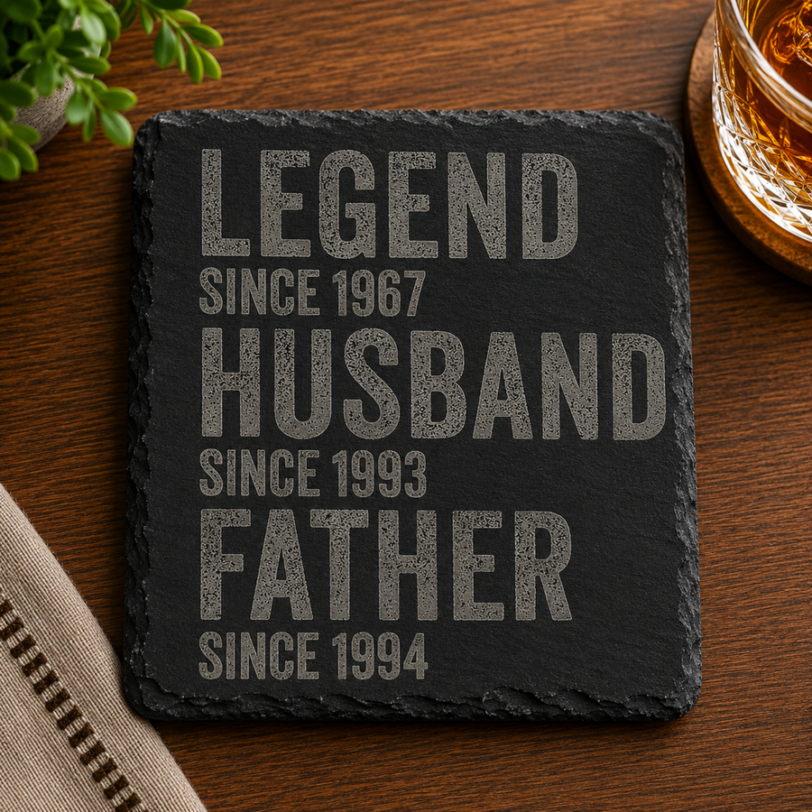 Personalized engraved black slate coaster featuring Legend Husband Father design with customizable milestone years, Father's Day gift for dad, husband, and grandpa.