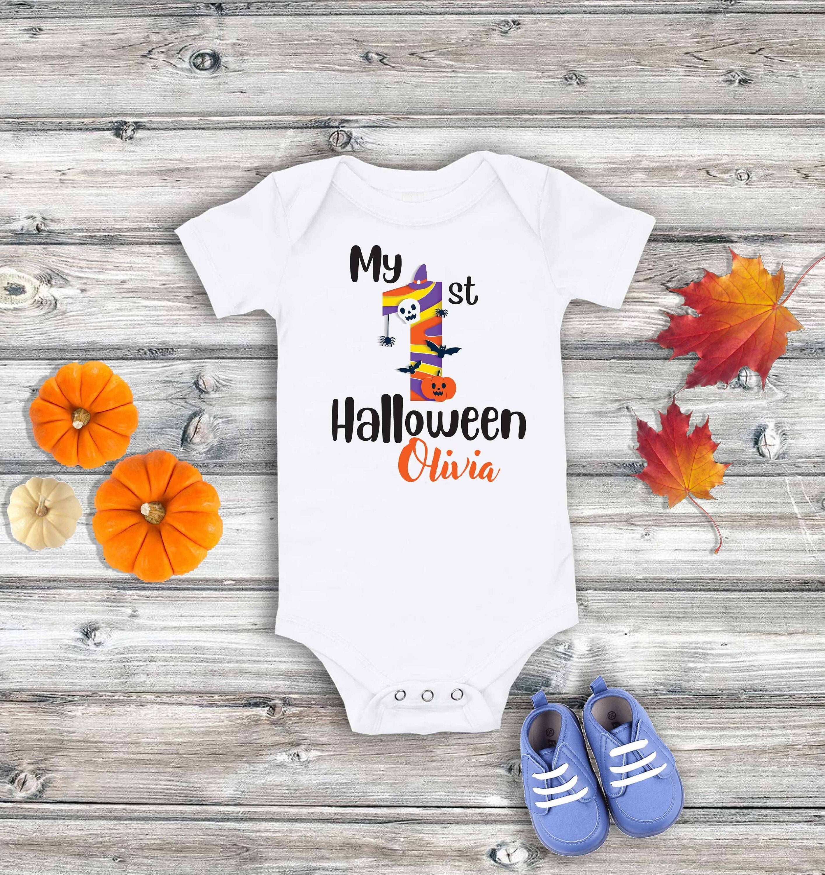 First Halloween Baby Onesie - Custom Name Pumpkin Design