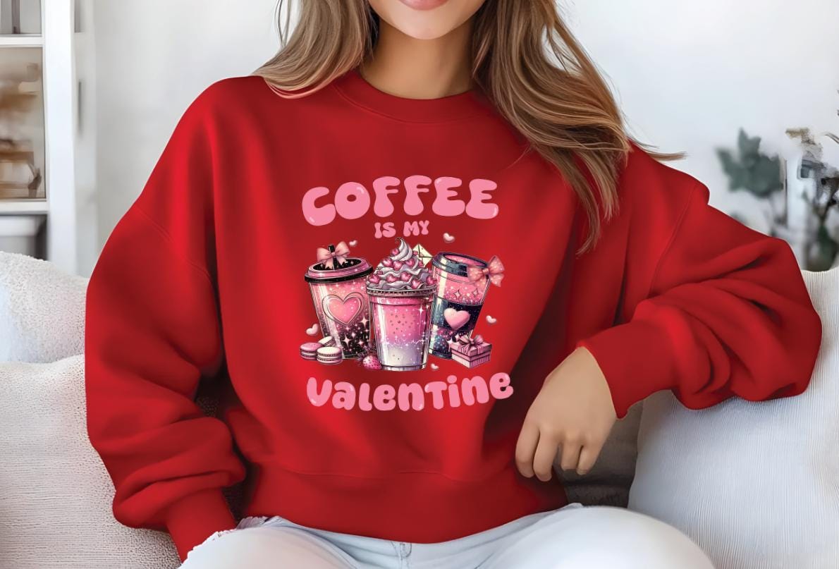 Valentine Sweatshirt, Coffee Lover Crew Neck Soft Cotton Casual Wear — view 4
