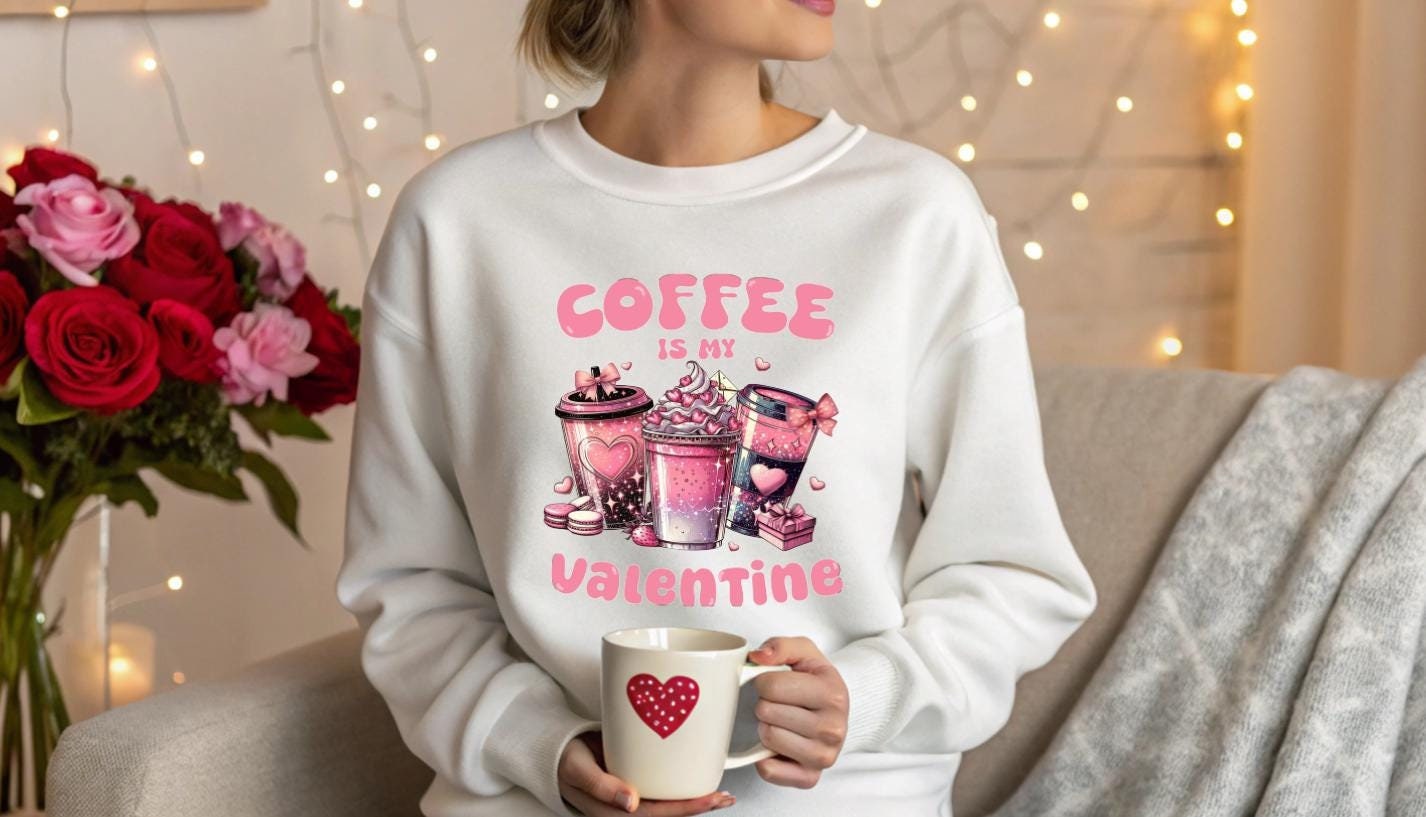 Valentine Sweatshirt, Coffee Lover Crew Neck Soft Cotton Casual Wear — view 6