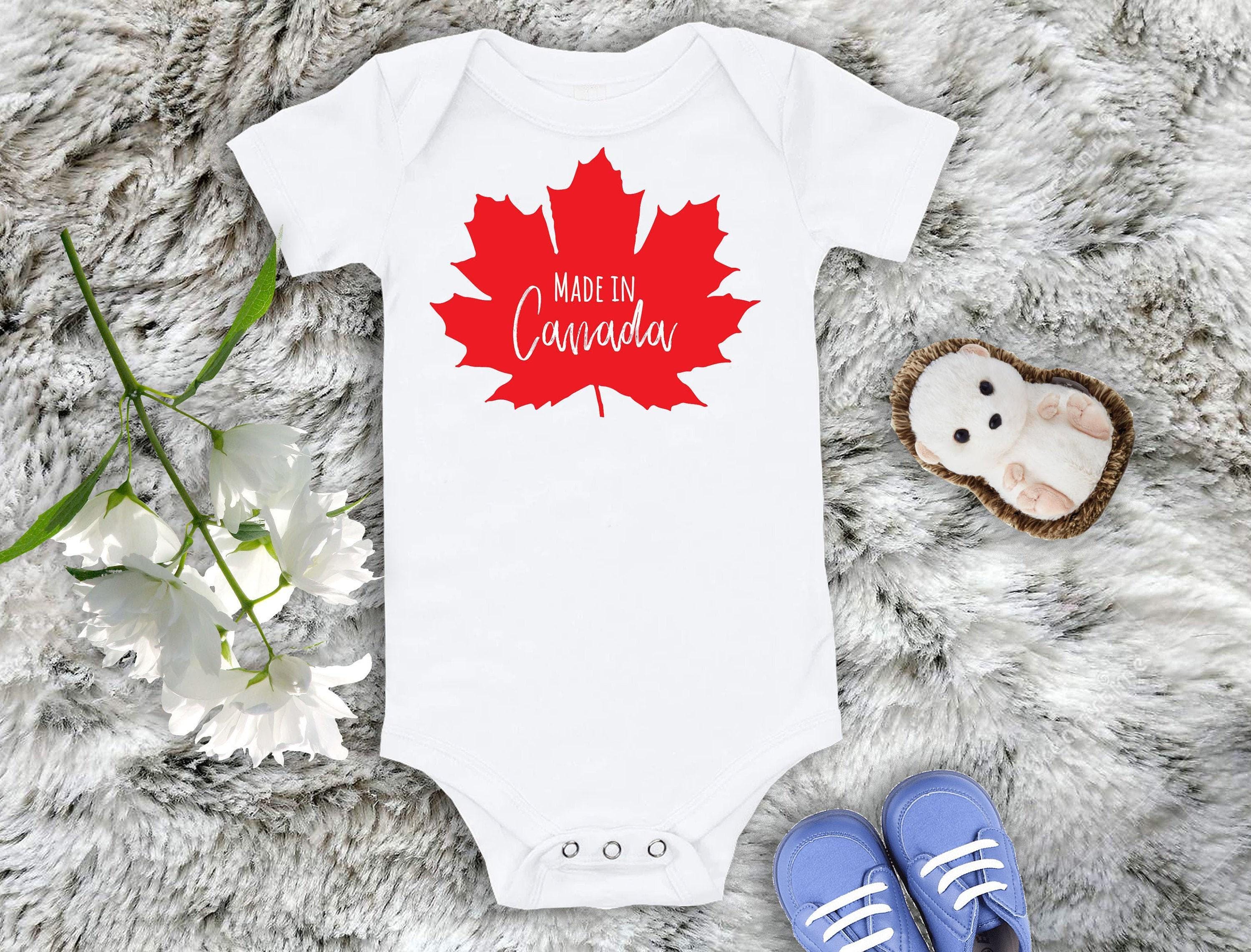Canadian Baby Onesie, White Cotton, Maple Leaf Print (Short Sleeve 0-24M)