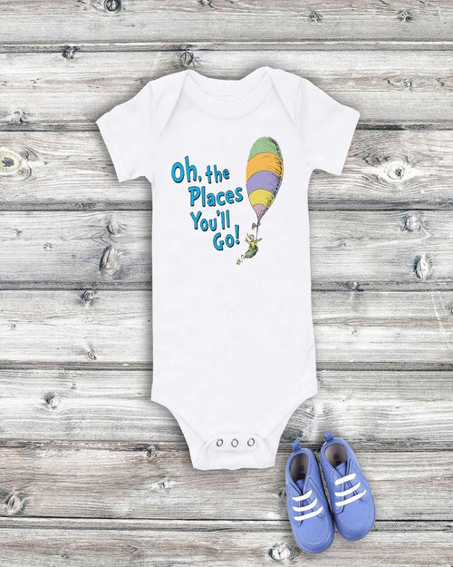 Dr Seuss baby onesie with Oh the Places You'll Go text and striped balloon graphic, white cotton short sleeve