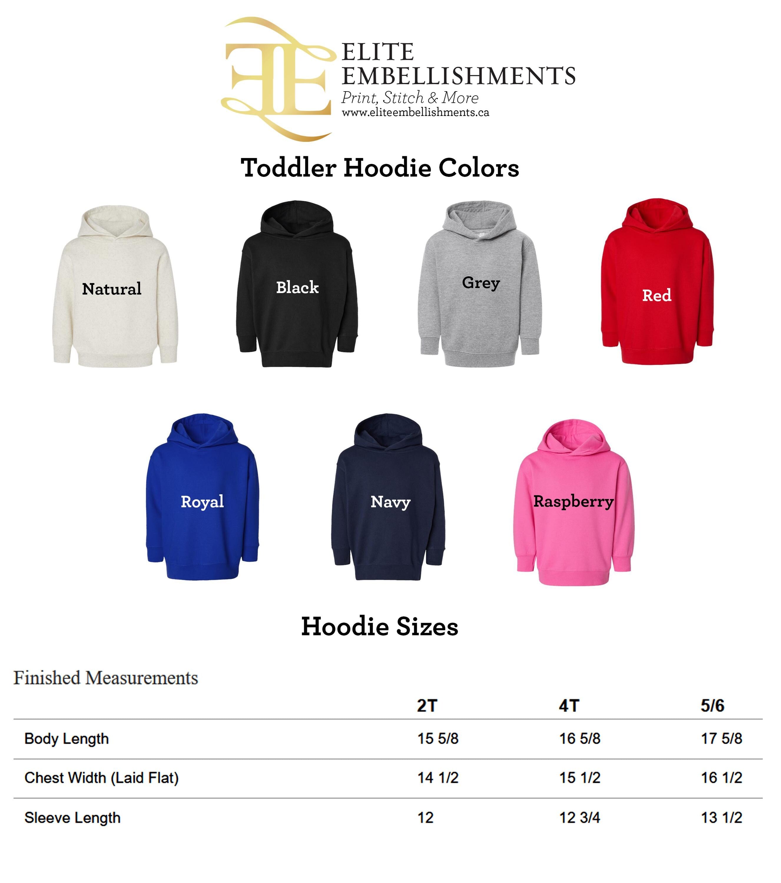 a collection of toddler hoodie colors and sizes, arranged in a grid format.