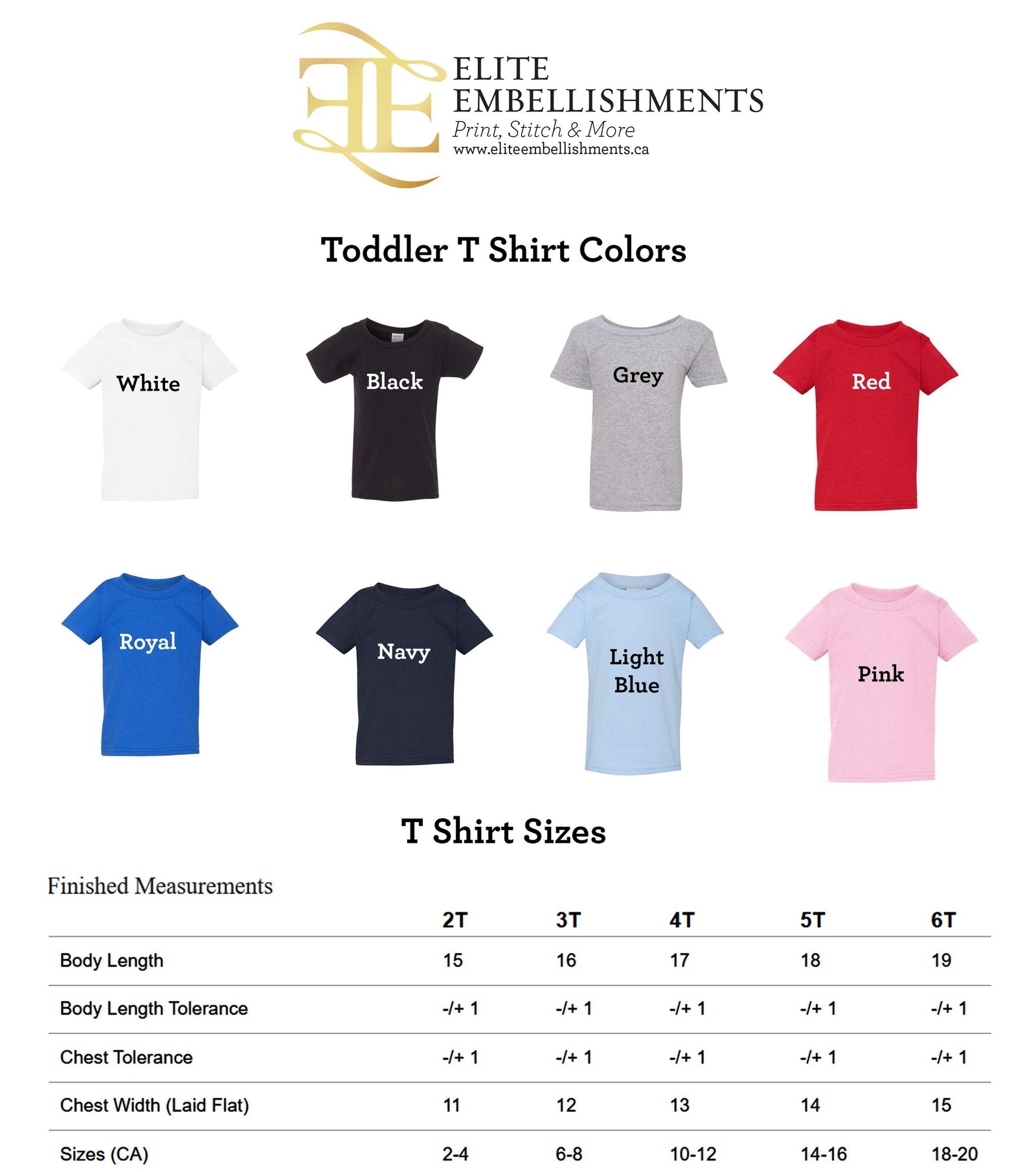 a collection of toddler T-shirt colors and sizes, providing a visual guide for parents and caregivers to choose the appropriate shirt for their child.