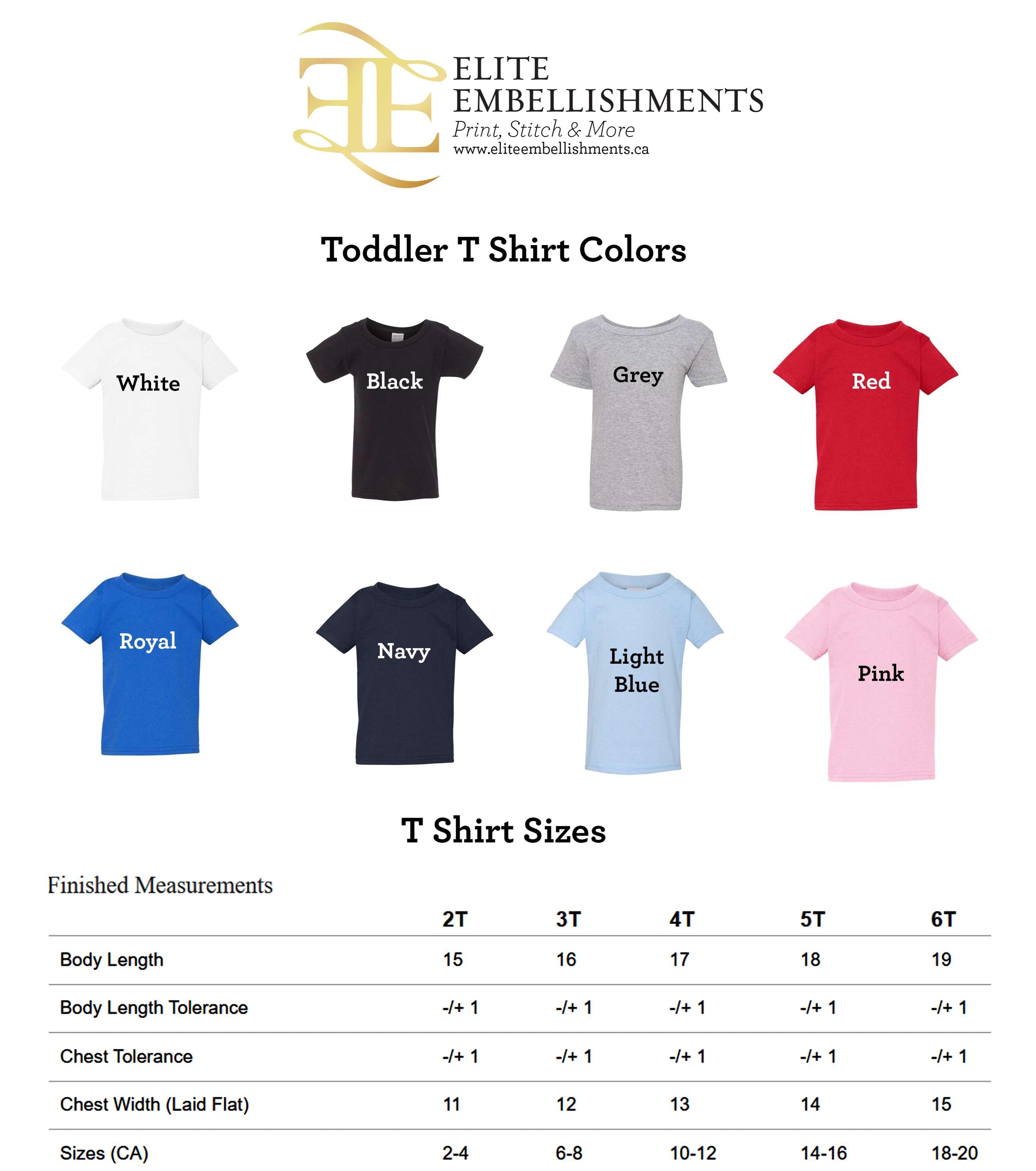 a collection of toddler T-shirt colors and sizes, providing a visual guide for parents and caregivers to choose the appropriate shirt for their child.