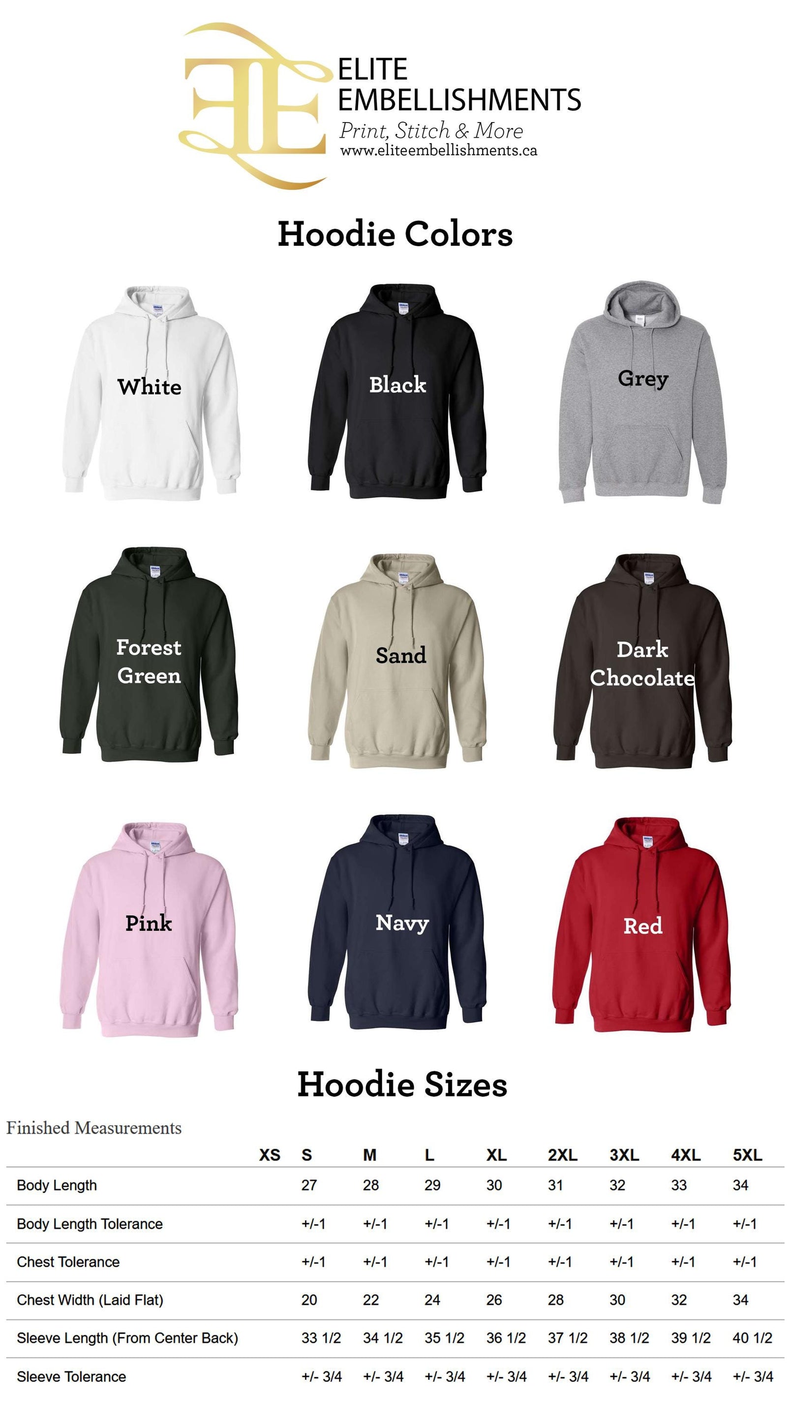 a collection of hoodie colors and sizes, along with their corresponding measurements, for various styles and body types.