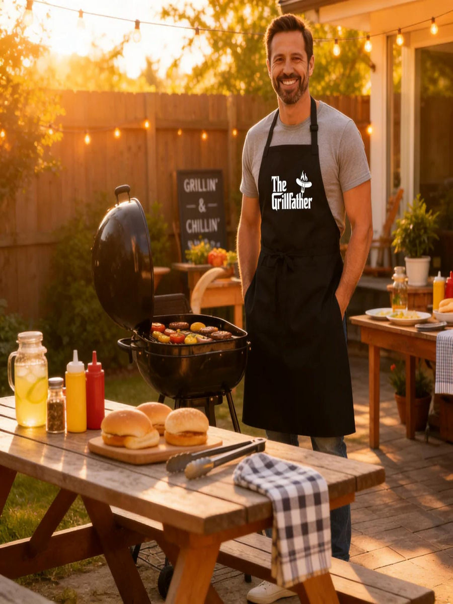 Man wearing a 'The Grillfather' apron standing by a barbecue grill outdoors.