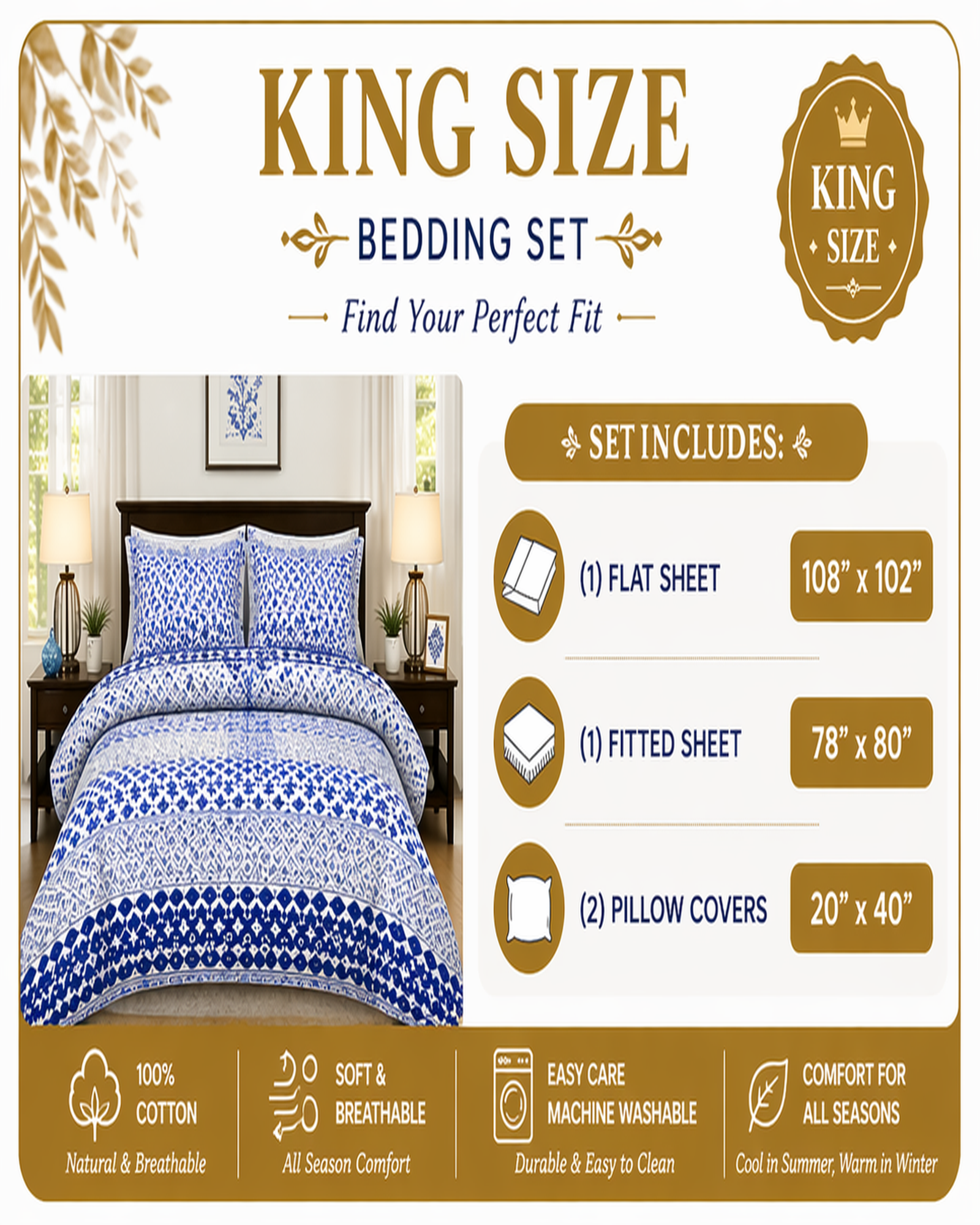 Ivory Garden Floral Bedding Set, Soft 100% Cotton Elegant Bedsheets — view 3