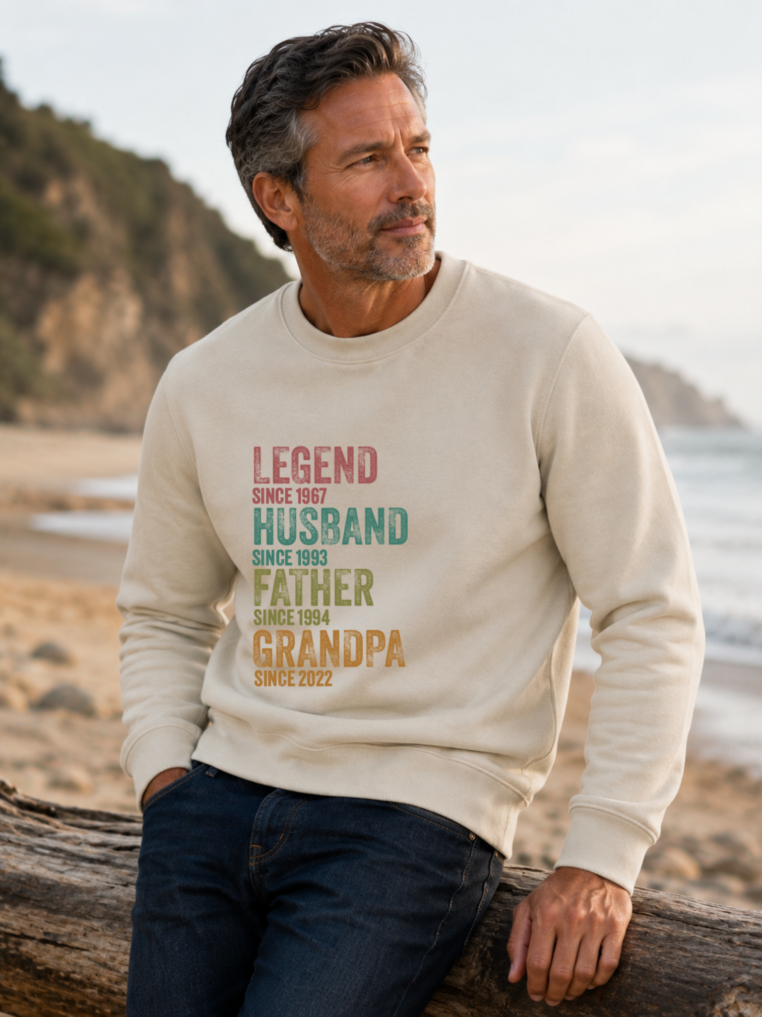 personalized Legend Husband Father Grandpa sweatshirt with vintage distressed typography and custom years worn by mature male model outdoors.
