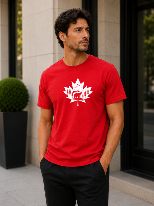 a red Canadian wilderness t-shirt featuring a white maple leaf graphic with a bear, forest trees, birds, and nature-inspired Canadian artwork.