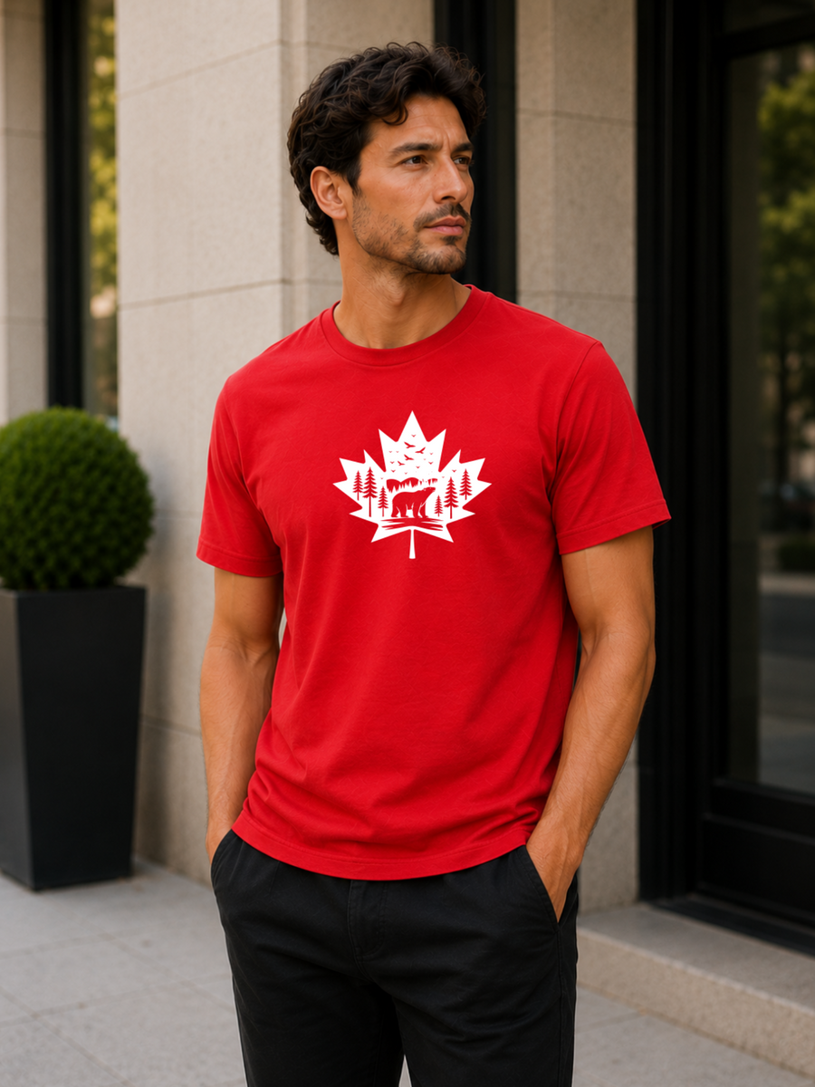 a red Canadian wilderness t-shirt featuring a white maple leaf graphic with a bear, forest trees, birds, and nature-inspired Canadian artwork.