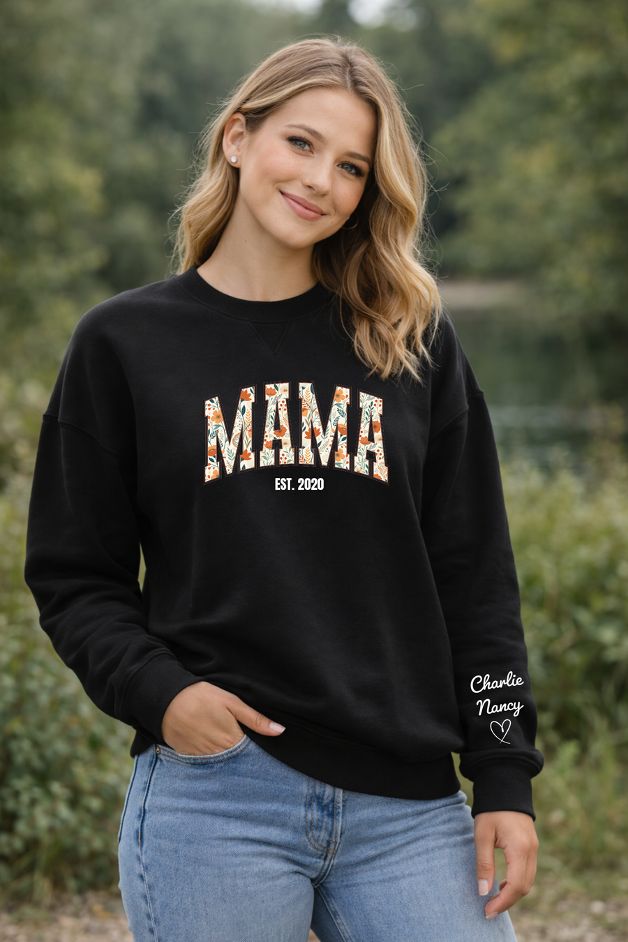 Personalized Mama Sweatshirt, Custom Name Sleeve Floral Design Cozy Fleece — view 6