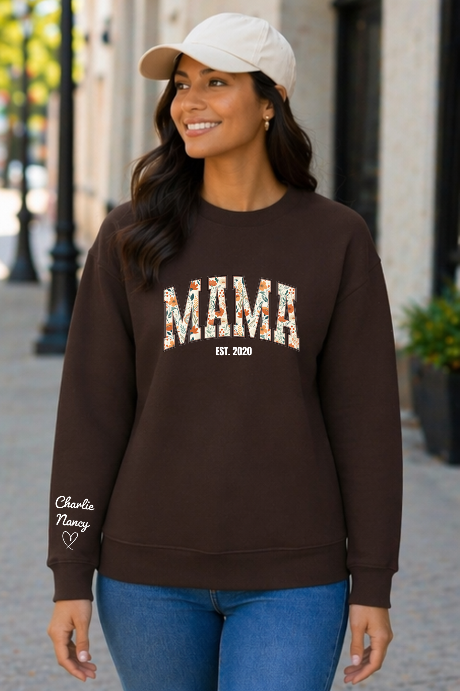 Personalized Mama Sweatshirt, Custom Name Sleeve Floral Design Cozy Fleece — view 3
