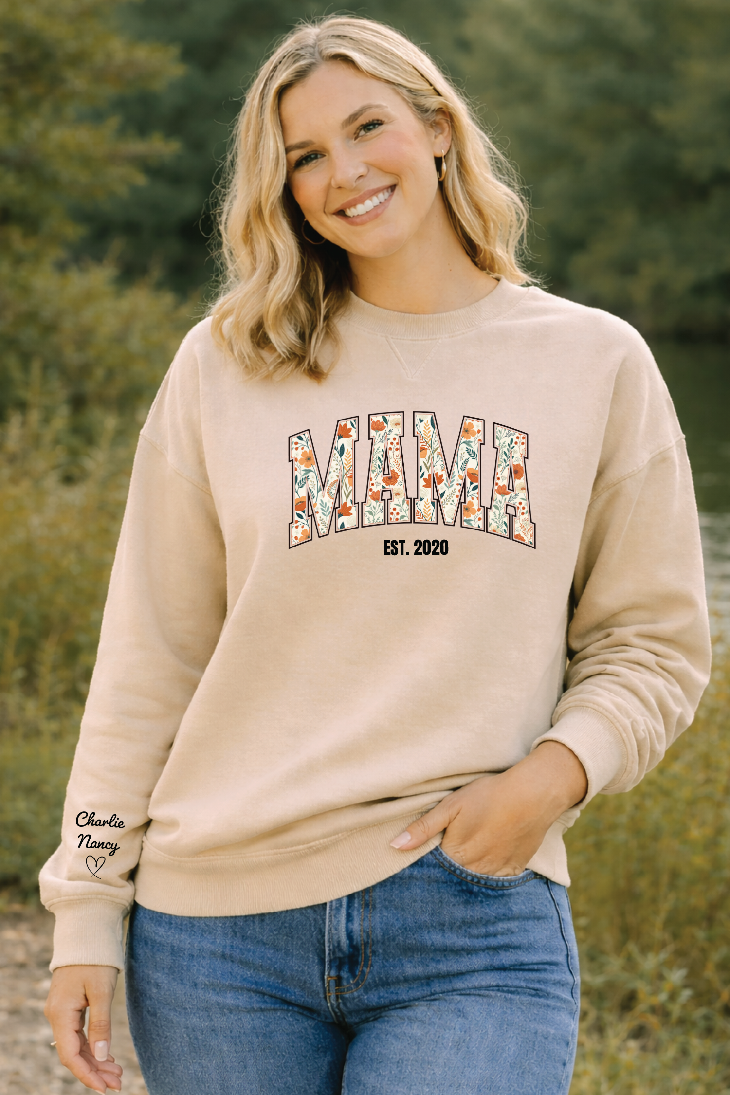 Personalized Mama Sweatshirt, Custom Name Sleeve Floral Design Cozy Fleece — view 2