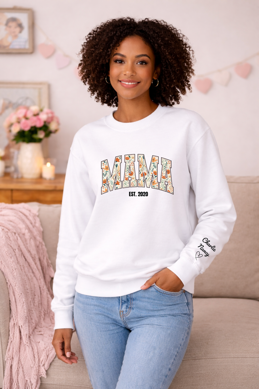 Personalized Mama Sweatshirt, Custom Name Sleeve Floral Design Cozy Fleece — view 4